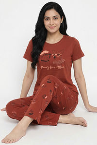 Zivame Farm Lore Knit Cotton Pyjama Set - Burnt Brick — thumbnail 5